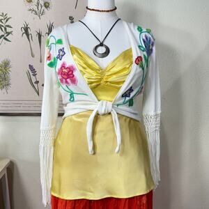 Y2k Floral Embroidered Tie Front Crop Cardigan Hippie Boho Coastal Grandma M